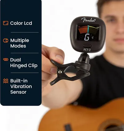 Showcases four key features of the Fender guitar tuner to demonstrate its versatility and functionality, helping shoppers understand multiple selling points in one image.