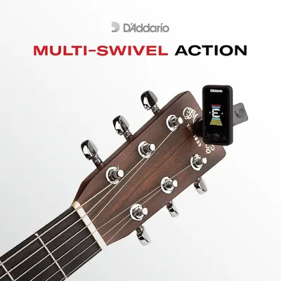 Highlights the multi-swivel action feature of the guitar tuner, demonstrating how it can rotate and adjust for optimal viewing and positioning on the guitar headstock.