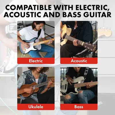 Demonstrates that the product works with multiple types of stringed instruments including electric, acoustic, bass guitar, and ukulele to reassure shoppers of its versatility.