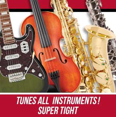 Demonstrates that the product works with multiple types of musical instruments including guitar, violin, saxophone, and clarinet, showing its versatility across different instrument categories.
