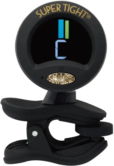 Shows the guitar tuner clipped and ready to use, helping shoppers visualize how the product looks when attached to an instrument.