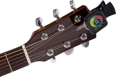 Demonstrates how the clip-on tuner attaches to a guitar headstock, showing shoppers the practical application and ease of use for tuning their instrument.