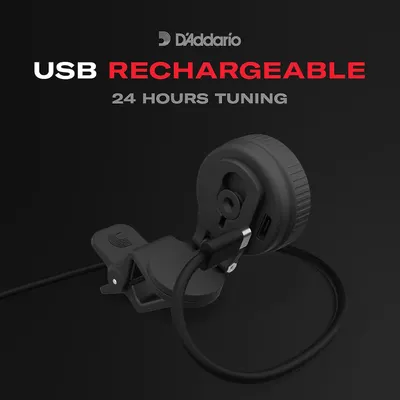 Communicates that the product is USB rechargeable and offers 24 hours of tuning capability, emphasizing convenience and long battery life for musicians.