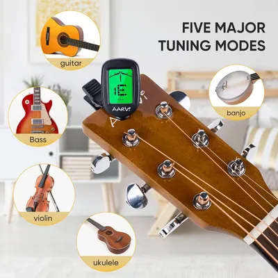 Demonstrates that the tuner is compatible with five different stringed instruments (guitar, bass, violin, ukulele, and banjo), reassuring shoppers of its versatility across multiple use cases.