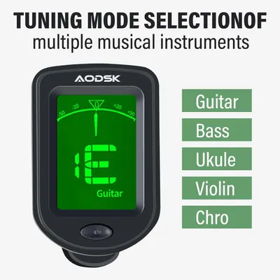 Communicates that the tuner can be used for multiple instruments including guitar, bass, ukulele, violin, and chromatic tuning, demonstrating versatility and broad compatibility.