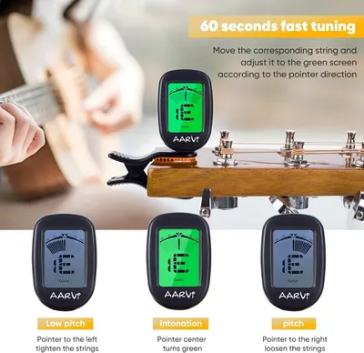 Explains how to use the guitar tuner by showing the visual indicators and what actions to take based on the screen display to achieve proper tuning in 60 seconds.