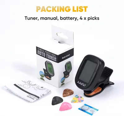 Shows everything included in the purchase: the auto tuner device, instruction manual, battery, and 4 guitar picks, helping shoppers understand the full value of the bundle.