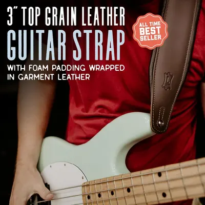 Highlights the premium material and comfort of the guitar strap, emphasizing its bestseller status to build trust and desirability.