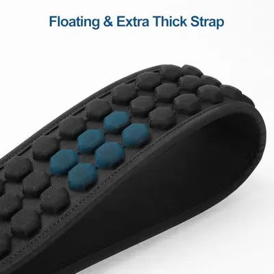 Highlights the unique floating design and extra thick strap construction to communicate comfort and buoyancy benefits to the shopper.
