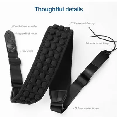 This image breaks down the guitar strap by labeling key functional components and materials to help shoppers understand the thoughtful design features and…
