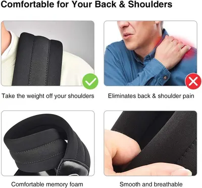 Communicates multiple benefits of the product including comfort, pain elimination, memory foam construction, and breathability to show shoppers how it addresses back and shoulder issues.