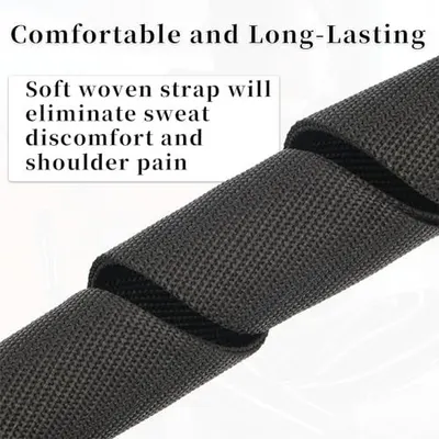 Highlights the soft woven strap material that eliminates sweat discomfort and shoulder pain, reassuring shoppers about comfort during extended use.