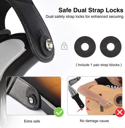 Highlights the dual safety strap lock feature that provides enhanced securing for the product, reassuring customers about safety and preventing damage during use.