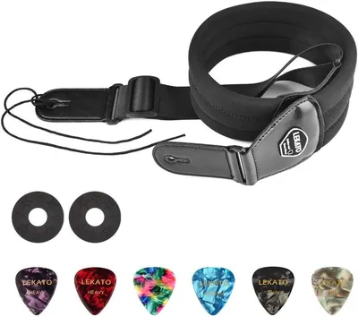 Shows all items included in the package so shoppers understand they receive a complete guitar accessory bundle with strap, locks, and multiple picks.