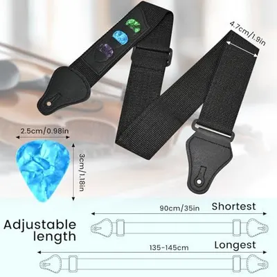 Provides detailed measurements of the guitar strap including width, adjustable length range, and uses a guitar pick as a scale reference to help shoppers understand the exact physical dimensions…
