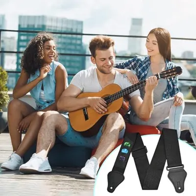 Shows the product being used in a real-world social setting to help shoppers visualize how the guitar strap fits into their lifestyle and activities.