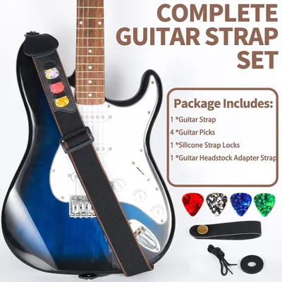 Shows everything included in the package: guitar strap, 4 guitar picks, silicone strap locks, and headstock adapter strap to help shoppers understand the full value of the bundle.
