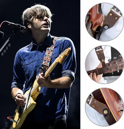This image breaks down the guitar strap attachment mechanism by showing close-up views of how the leather strap connects to the guitar body, highlighting the hardware and construction details for…