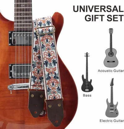 Communicates that the guitar strap is compatible with multiple types of guitars including acoustic, bass, and electric guitars, reassuring shoppers of its versatility.