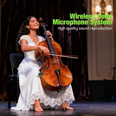 Communicates that the wireless cello microphone system delivers high quality sound reproduction, reassuring musicians and performers of professional audio performance.