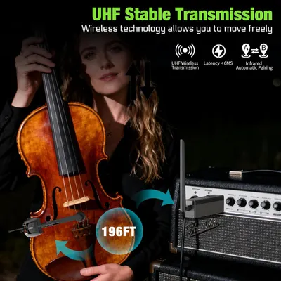 Communicates multiple technical benefits of the wireless system including stable transmission, low latency under 6ms, automatic pairing, and long-range capability to reassure musicians of reliable…