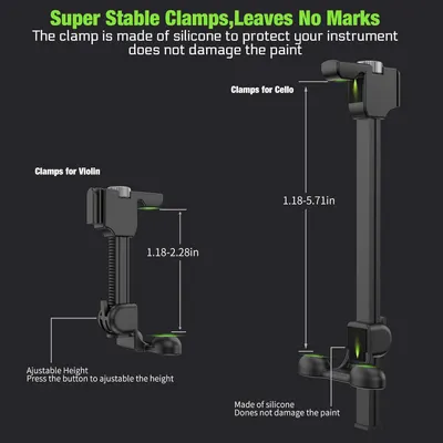 This image breaks down the clamp product by highlighting specific features like silicone material, adjustable height mechanism, and compatibility with different instruments to help shoppers…
