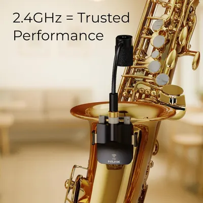 Communicates that the product uses 2.4GHz wireless technology for reliable and trusted performance, reassuring musicians of stable connectivity.