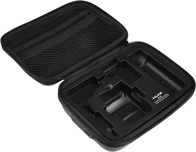 Shows the protective carrying case included with the product, demonstrating how the item is stored and transported safely with custom-fitted compartments.
