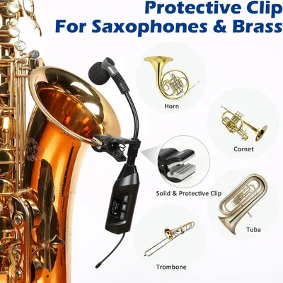 Demonstrates that the protective clip microphone is compatible with various brass instruments including saxophones, horns, cornets, tubas, and trombones, helping shoppers understand the versatility…
