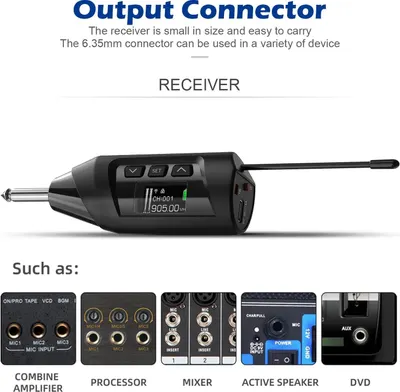 Communicates that the receiver is portable and easy to carry, and that the 6.35mm connector works with multiple device types including amplifiers, processors, mixers, active speakers, and DVD…