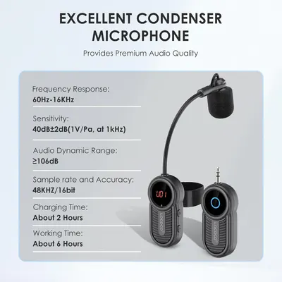 Communicates multiple technical specifications and features of the condenser microphone to help shoppers understand its audio quality capabilities, battery performance, and overall value.