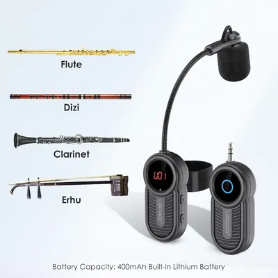 Demonstrates that the wireless microphone system is compatible with multiple musical instruments, reassuring musicians that it works across different instrument types. Highlights the battery…