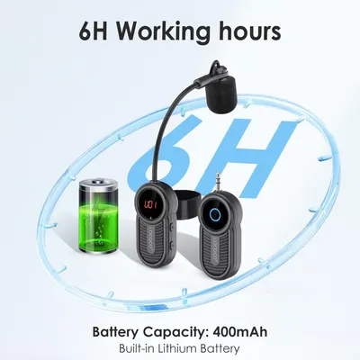 Communicates the battery life and capacity of the wireless microphone system to reassure shoppers about its runtime and power specifications.