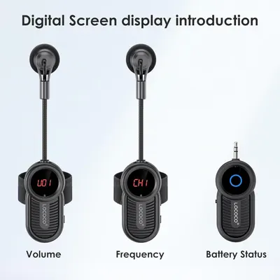 This image breaks down the digital screen display functionality by showing three different states: volume level, frequency channel, and battery status, helping shoppers understand what information…