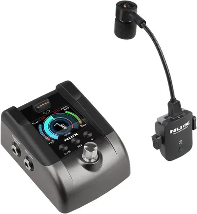 Shows the customer all components included in the wireless audio system package, including the main receiver unit with display and the wireless transmitter with microphone attachment.