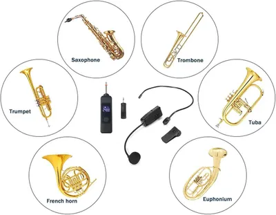 Demonstrates that the wireless microphone system is compatible with a wide range of brass instruments including saxophone, trombone, trumpet, tuba, French horn, and euphonium.