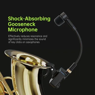 Communicates that the microphone's gooseneck design reduces resonance and minimizes key click sounds on saxophones, reassuring musicians of cleaner audio capture.