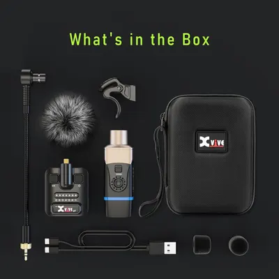 Shows all items included in the package so shoppers know exactly what they will receive with their purchase, including the microphone, accessories, cables, case, and attachments.