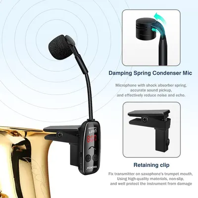 Showcases two key features of the wireless microphone system: the shock-absorbing spring condenser mic that reduces noise and echo, and the retaining clip that securely attaches to instruments…