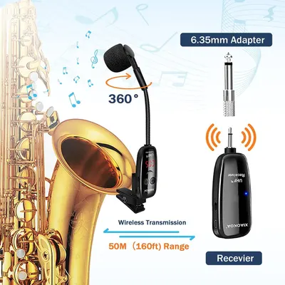 Showcases multiple key features of the wireless microphone system including its rotatable design, wireless transmission capability with 50M range, and adapter compatibility to help shoppers…