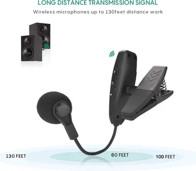 Communicates that the wireless microphone system can transmit signals up to 130 feet, reassuring shoppers about its range and reliability for various use cases.