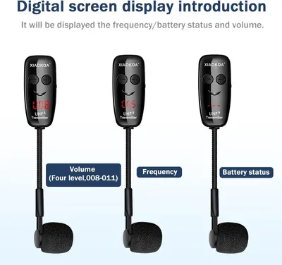 Explains how the digital screen displays frequency, battery status, and volume information to help users monitor device settings at a glance.
