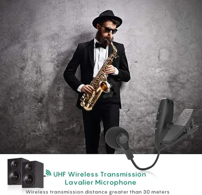 Communicates that the lavalier microphone uses UHF wireless technology with a transmission distance greater than 30 meters, reassuring musicians and performers of reliable wireless connectivity.
