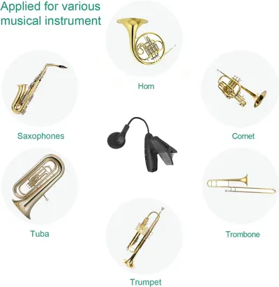 Demonstrates the versatility of the product by showing it can be used with various brass instruments including saxophones, horn, cornet, tuba, trombone, and trumpet.