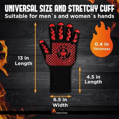 Provides exact measurements of the heat-resistant glove including length, width, and thickness to help shoppers understand the physical size and confirm it will fit their hands.