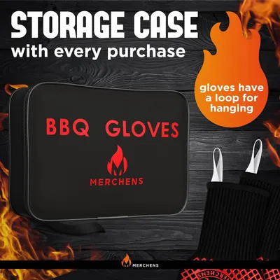 Communicates that the BBQ gloves come with a storage case and have a convenient hanging loop, adding value and convenience for the shopper.