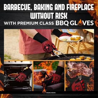 Demonstrates the versatility of the BBQ gloves by showing multiple use cases including grilling, baking, and fireplace handling to communicate the product works across different heat-related…