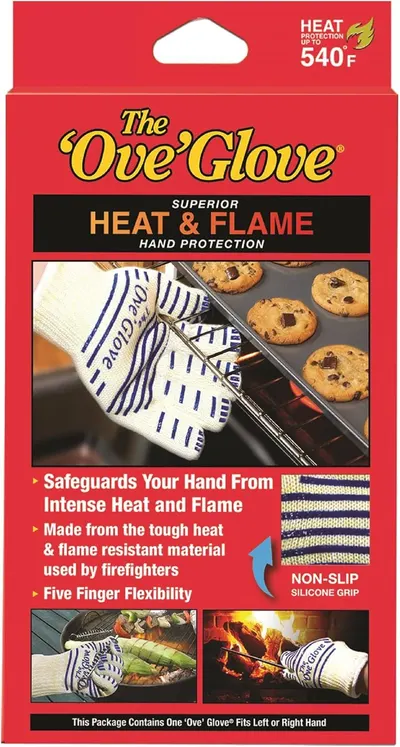 Showcases multiple key features of the oven glove including heat and flame protection up to 540°F, firefighter-grade materials, non-slip silicone grip, and five-finger flexibility to convince…
