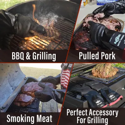 Demonstrates the versatility of the grilling gloves by showing four different use cases including grilling, handling pulled pork, smoking meat, and serving as a perfect grilling accessory.