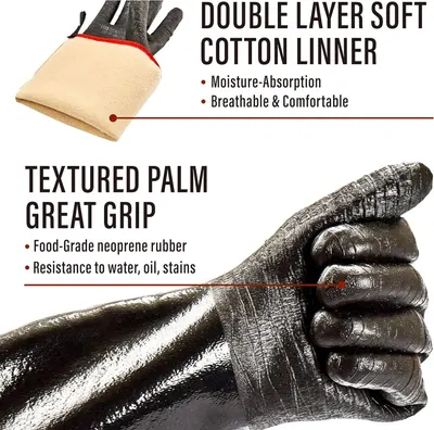 Showcases multiple key features of the gloves including the soft cotton lining for comfort and moisture absorption, and the textured palm with neoprene rubber for superior grip and resistance to…